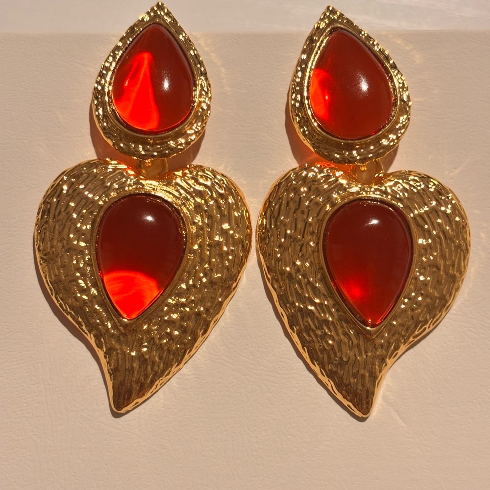 Gold Heart Drop Earrings with Red Stones